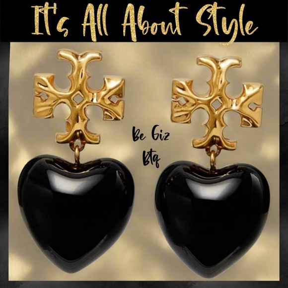 Tory Burch Jewelry - Tory Burch Authentic Vintage Roxanne Gold-Tone & Resin Heart Earrings In Black